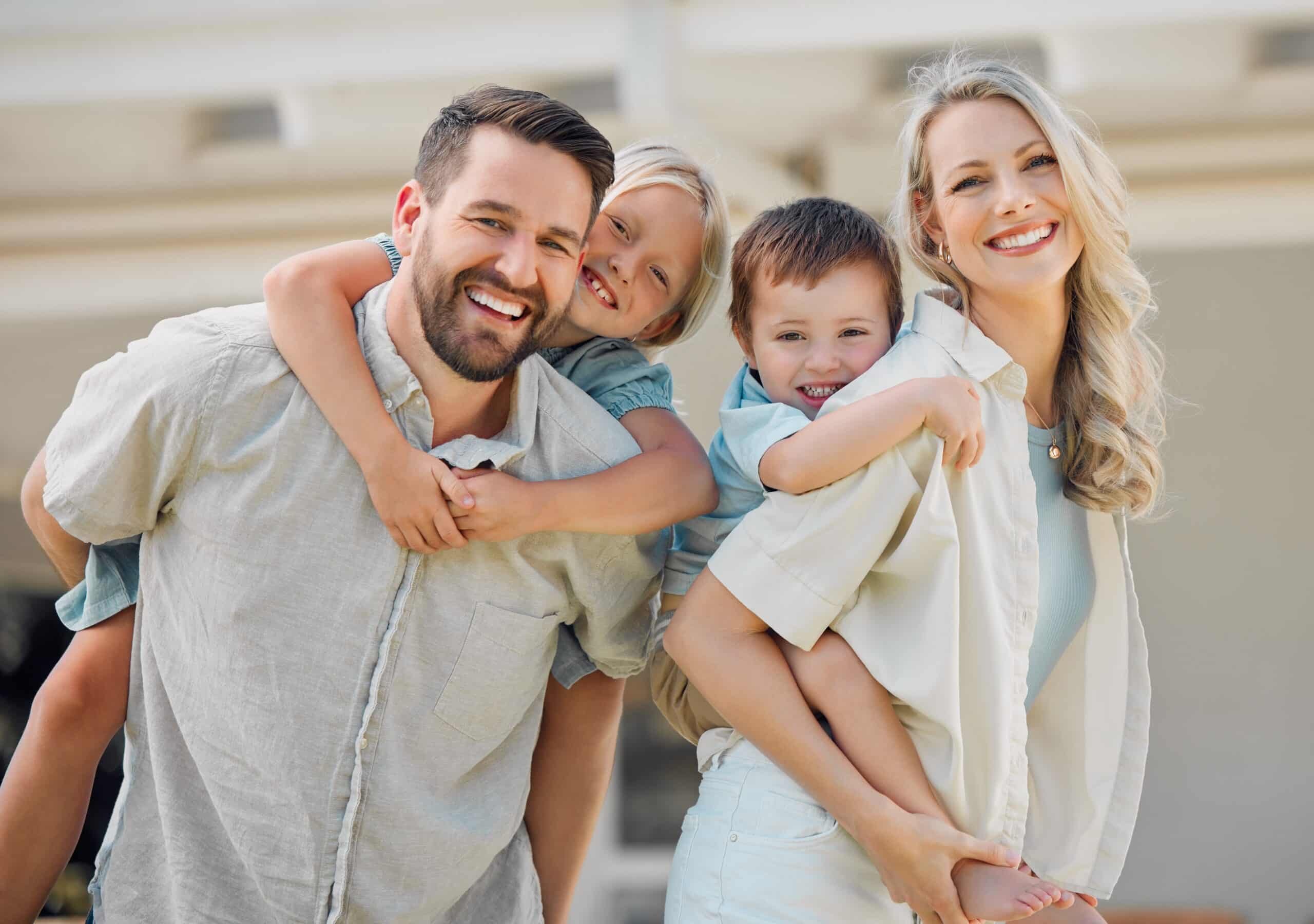 Piggyback,,Parents,And,Children,Outdoor,For,Portrait,Or,Love,,Bonding